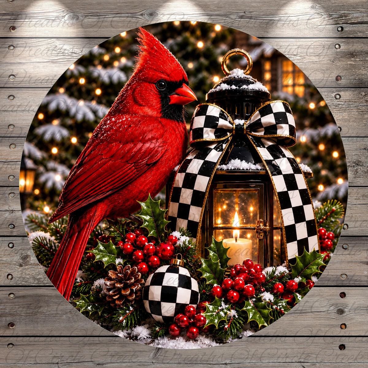 A vibrant red cardinal bird perches on a festive Christmas wreath, adorned with berries, pine cones, and a lit lantern, all set against a backdrop of twinkling lights and a snowy landscape.