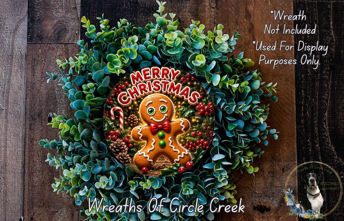 A wreath made of evergreen branches and a gingerbread man, with the text "Merry Christmas" displayed on it.