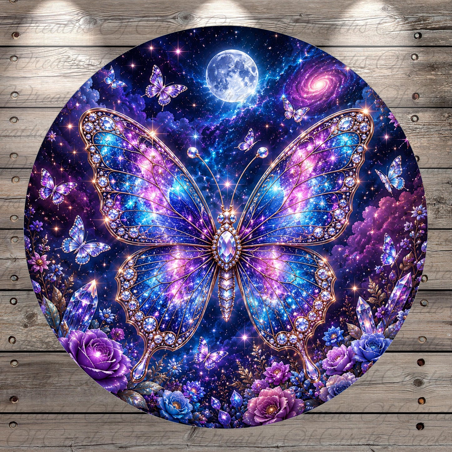 The image is a vibrant and fantastical depiction of a butterfly, adorned with jewels and surrounded by a multitude of flowers and celestial elements. The butterfly is the central focus, with a full moon and a spiral galaxy in the background, creating a sense of depth and wonder. The overall composition is visually striking and captivating, with the use of color, light, and detail bringing the scene to life.