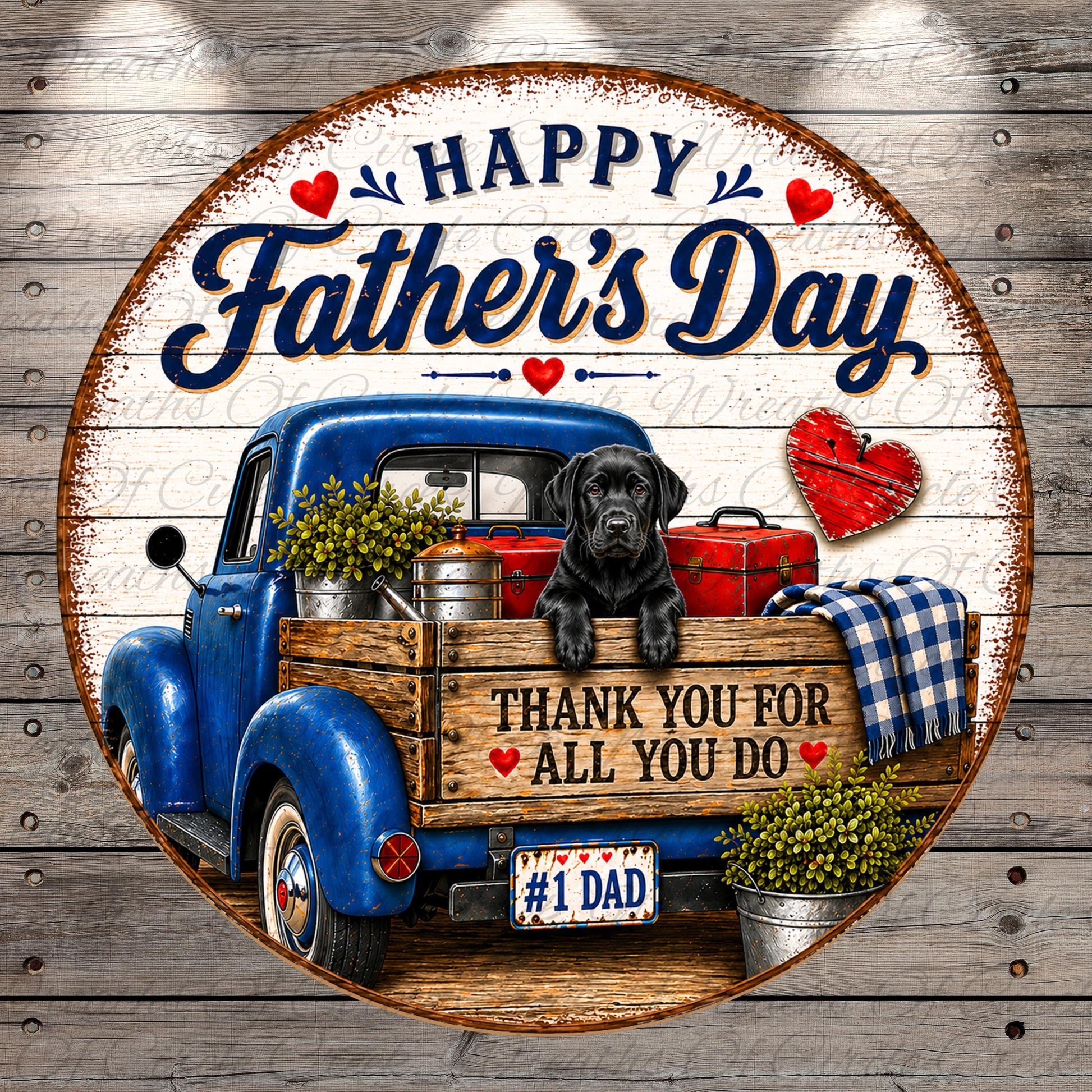 A blue vintage truck with a black dog in the bed, surrounded by various items such as a red suitcase, a plaid blanket, and a heart-shaped ornament. The truck is parked on a wooden surface, and the image includes a message that reads "Happy Father's Day, Thank you for all you do" along with a heart symbol.