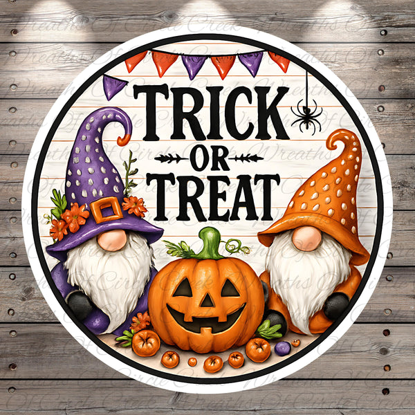 a Halloween-themed graphic with two gnomes, a carved pumpkin, and a banner that reads "TRICK OR TREAT".