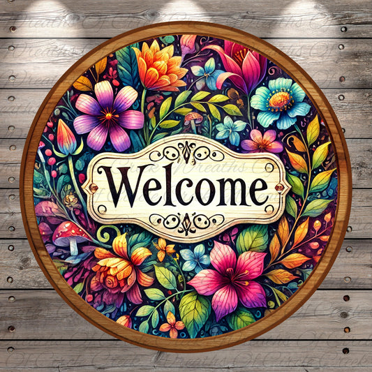 A colorful, circular sign with a floral design and the word "Welcome" written on it.