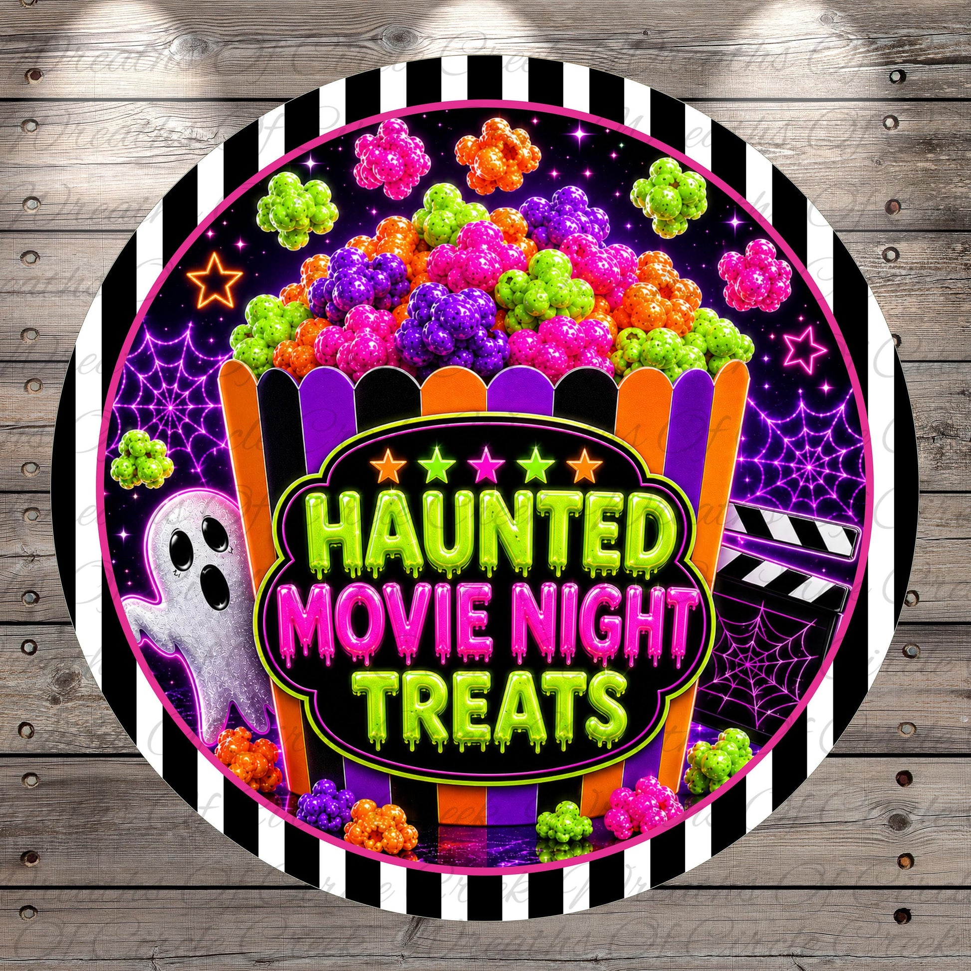 The image is a vibrant and colorful Halloween-themed sign featuring a ghost, popcorn, and stars, with the text "HAUNTED MOVIE NIGHT TREATS" prominently displayed.