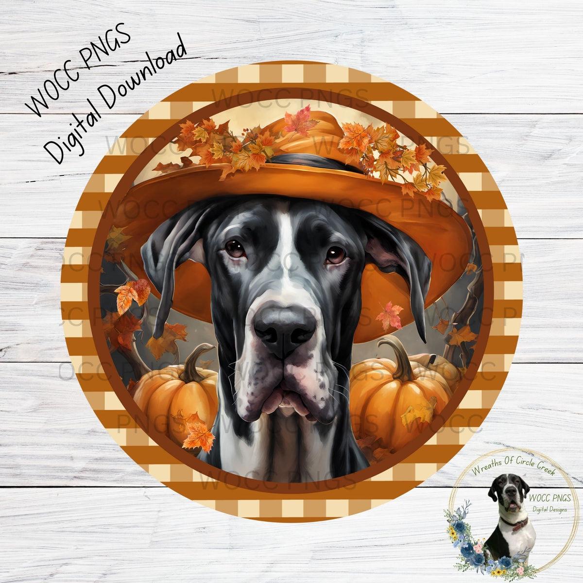 Fall, Great Dane, Pumpkins, Plaid Border, Round, PNG, Sublimation, Printable, DIGITAL DOWNLOAD