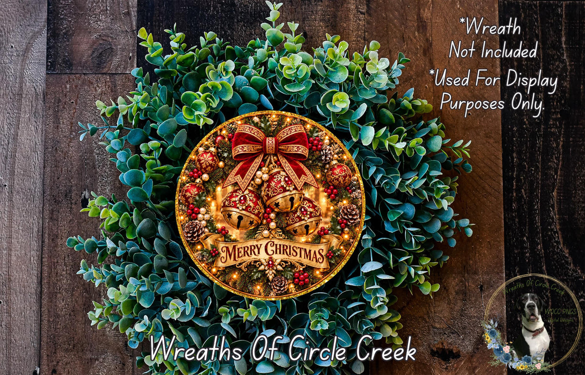 A festive Christmas wreath made of evergreen branches, with a large "Merry Christmas" sign and bells at the center. The wreath is displayed on a wooden surface, and there is a text overlay that reads "Wreath Not Included * Used For Display Purposes Only".