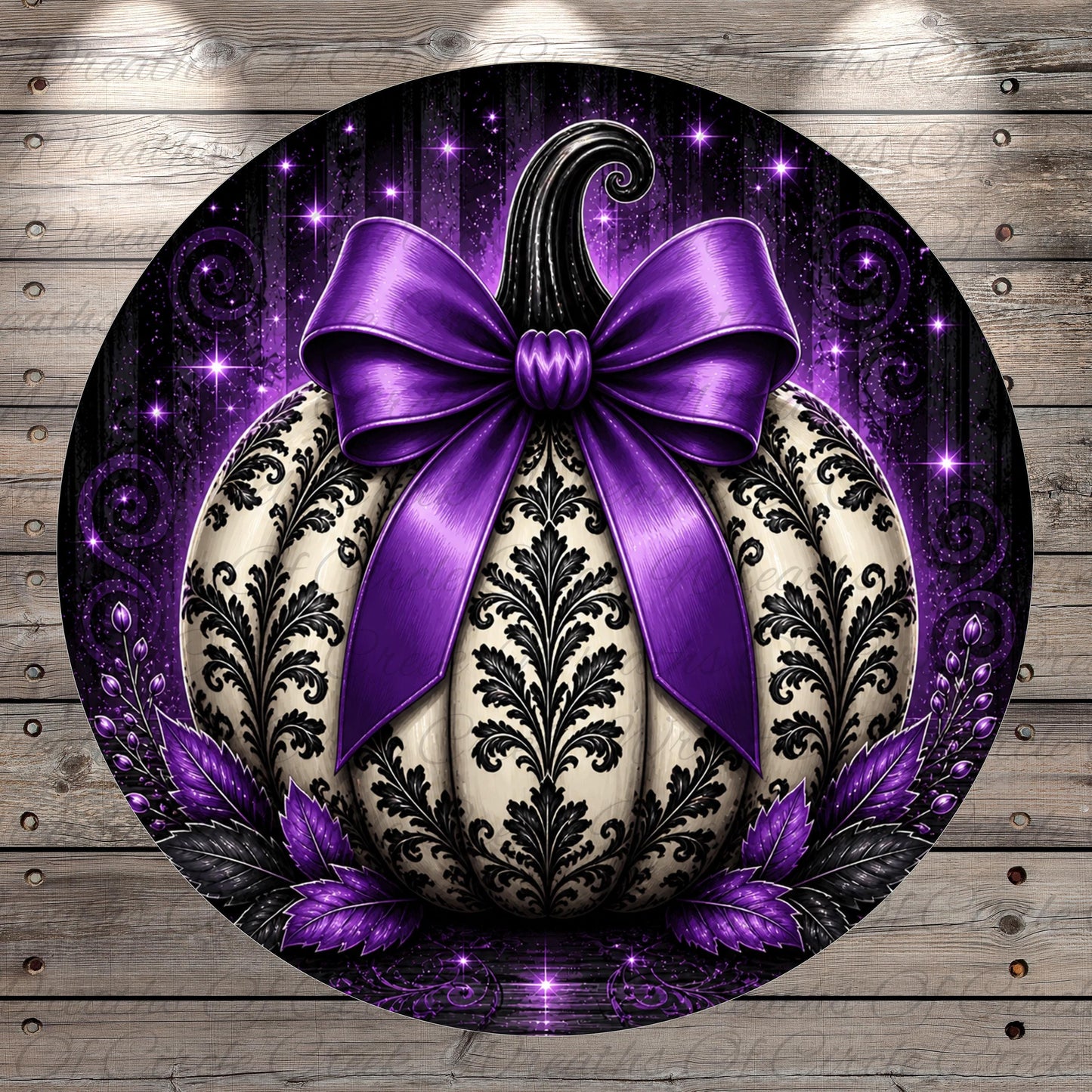 A decorative pumpkin with a purple bow and black and white floral patterns, surrounded by purple leaves and twinkling stars.