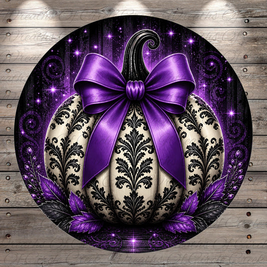 A decorative pumpkin with a purple bow and black and white floral patterns, surrounded by purple leaves and twinkling stars.