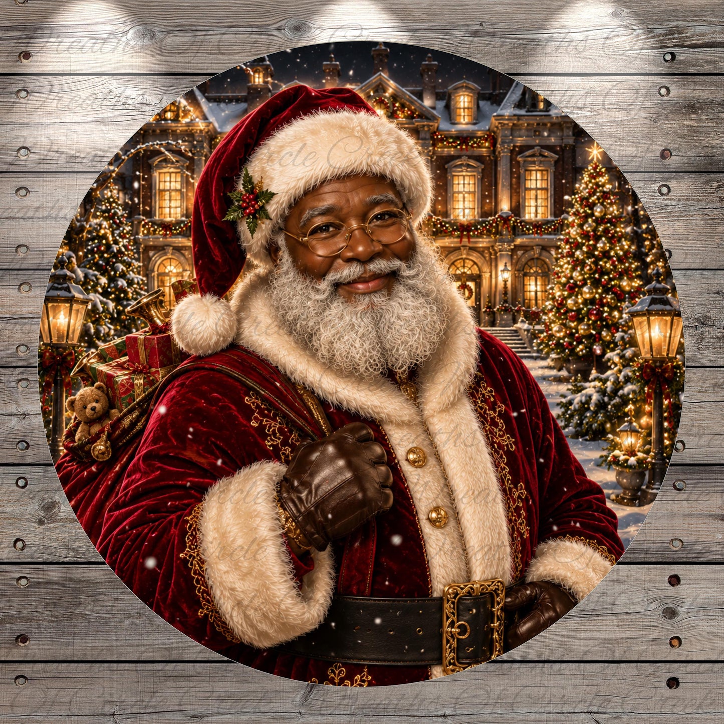A smiling, bearded man dressed as Santa Claus, wearing a red velvet suit and carrying a sack of presents, stands in front of a beautifully decorated Christmas tree and building.