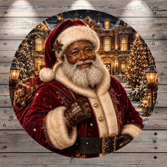 A smiling, bearded man dressed as Santa Claus, wearing a red velvet suit and carrying a sack of presents, stands in front of a beautifully decorated Christmas tree and building.