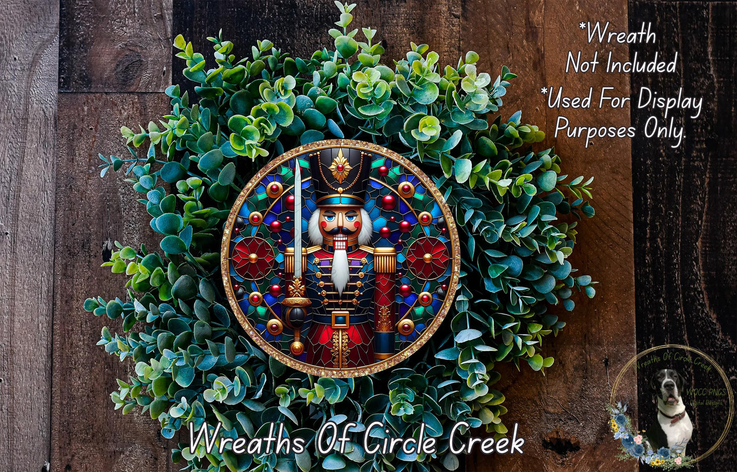 A wreath featuring a nutcracker nutcracker figure surrounded by greenery, with a wooden background.