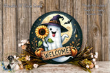 A round wooden sign featuring a ghost wearing a witch's hat and holding a sunflower, with the word "WELCOME" written on it. The sign is surrounded by a wreath of flowers and a pumpkin, and there is a bat flying above the ghost.