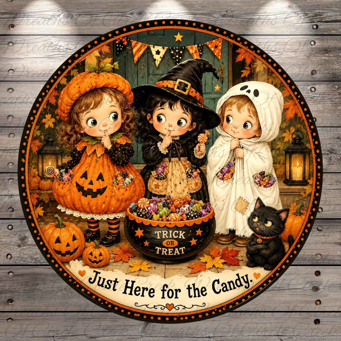A Halloween-themed illustration featuring three young girls dressed in costumes, surrounded by pumpkins, candy, and a black cat, with the text "Just Here for the Candy" at the bottom.