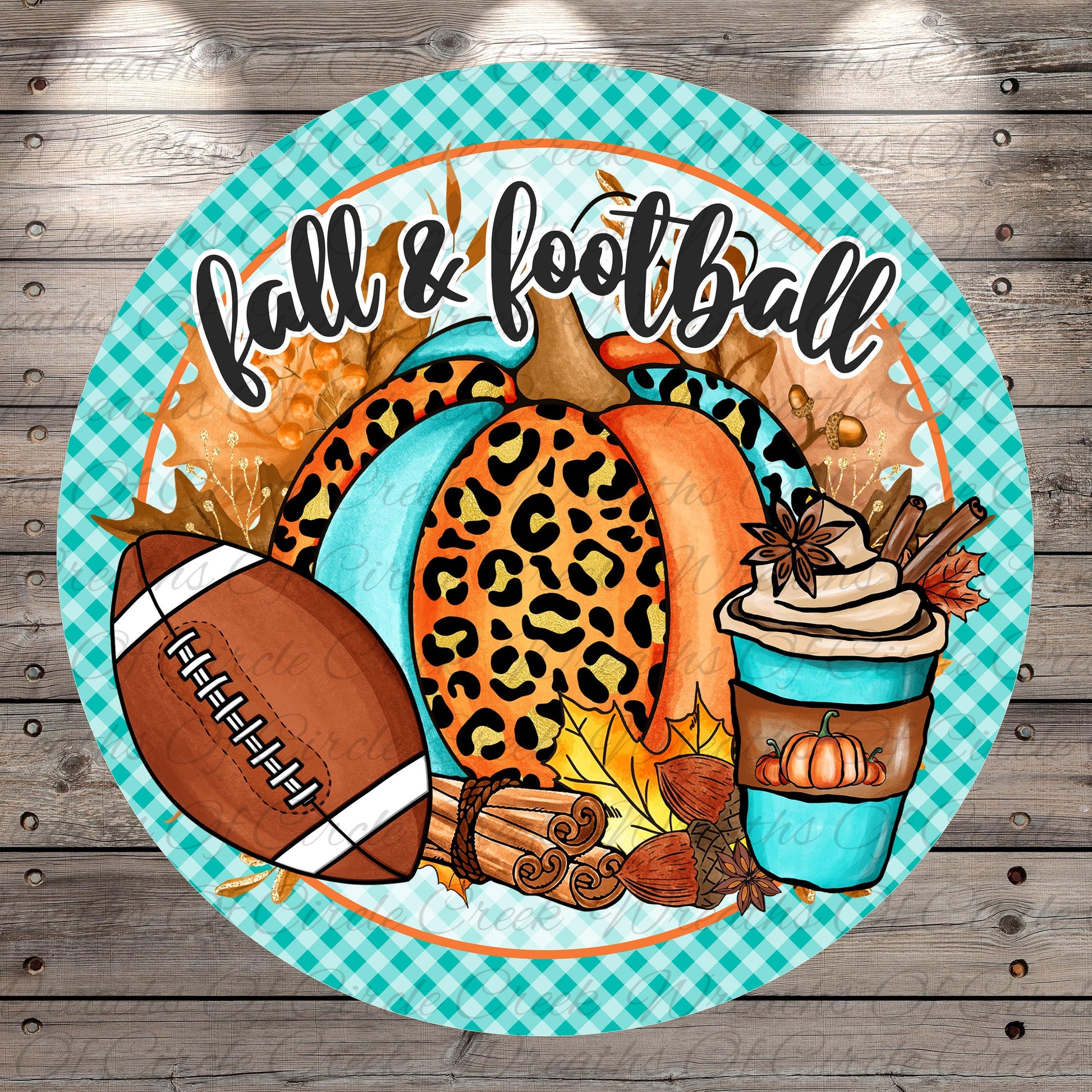 A round decorative plate with a football, leopard print pumpkin, coffee cup, and autumn leaves, along with the text "fall & football" written on it.