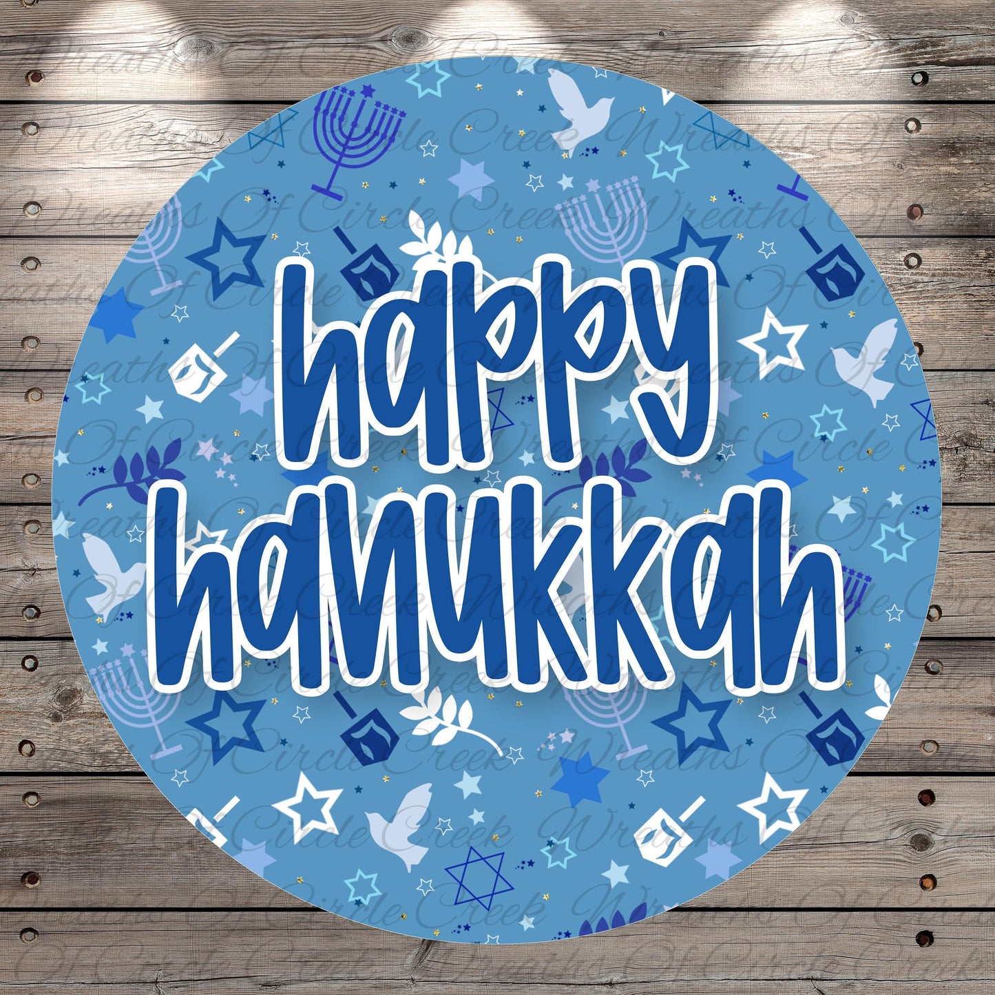 A circular blue background with the text "happy Hanukkah" written in white. The background is decorated with various Hanukkah symbols, such as stars, doves, and menorah, creating a festive and celebratory atmosphere.