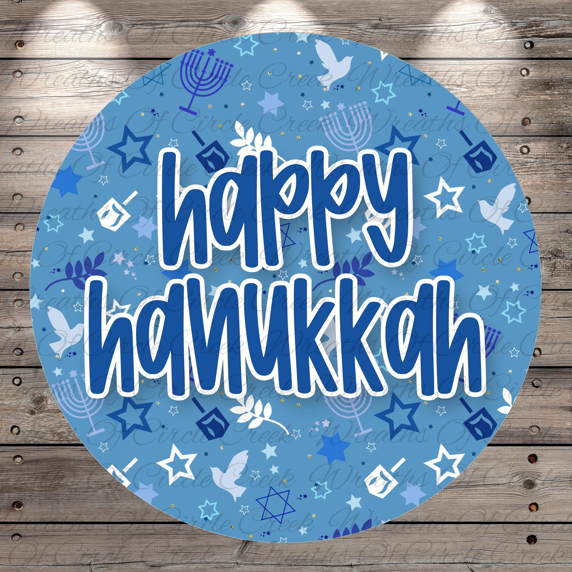 A circular blue background with the text "happy Hanukkah" written in white. The background is decorated with various Hanukkah symbols, such as stars, doves, and menorah, creating a festive and celebratory atmosphere.
