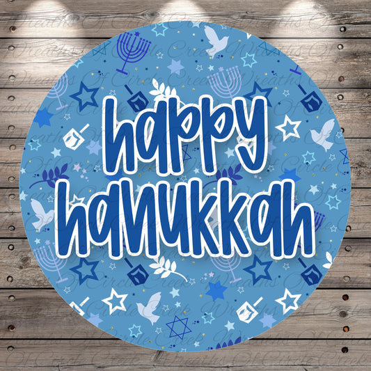 A circular blue background with the text "happy Hanukkah" written in white. The background is decorated with various Hanukkah symbols, such as stars, doves, and menorah, creating a festive and celebratory atmosphere.