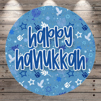 A circular blue background with the text "happy Hanukkah" written in white. The background is decorated with various Hanukkah symbols, such as stars, doves, and menorah, creating a festive and celebratory atmosphere.