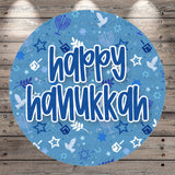 A circular blue background with the text "happy Hanukkah" written in white. The background is decorated with various Hanukkah symbols, such as stars, doves, and menorah, creating a festive and celebratory atmosphere.
