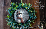 A wreath made of green plants and a snowman decoration, with a text overlay that reads "Snowflake dances with Christmas magic" and "Wreaths of Circle Creek".