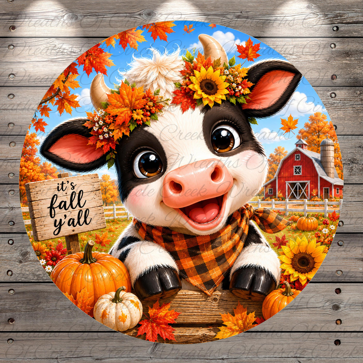 A cheerful cow with a floral headpiece and a sign that says "it's fall y'all" is surrounded by autumn decorations, including pumpkins, sunflowers, and a barn in the background.
