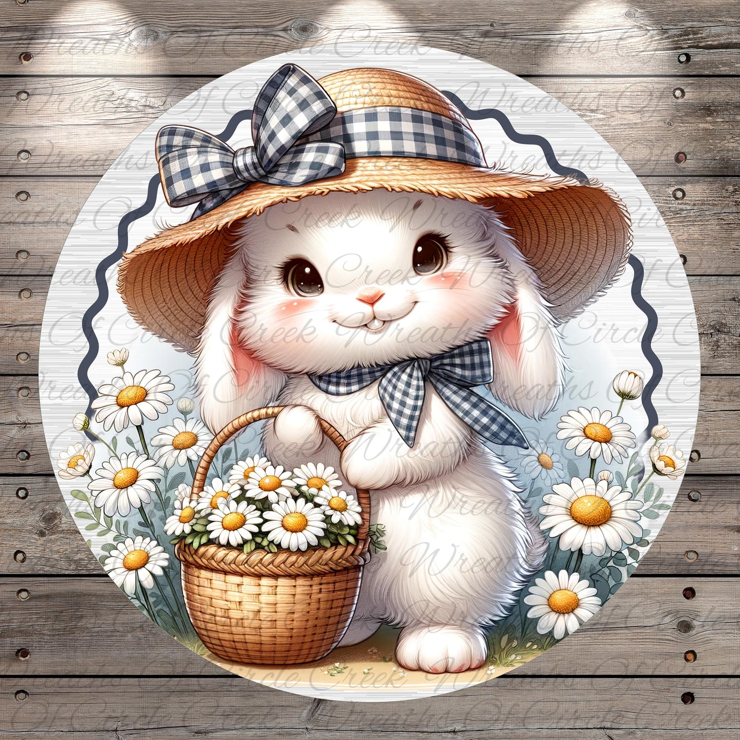 A cute white bunny wearing a straw hat and holding a basket of flowers, surrounded by a field of daisies.