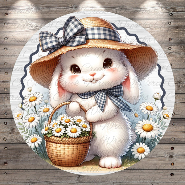 A cute white bunny wearing a straw hat and holding a basket of flowers, surrounded by a field of daisies.