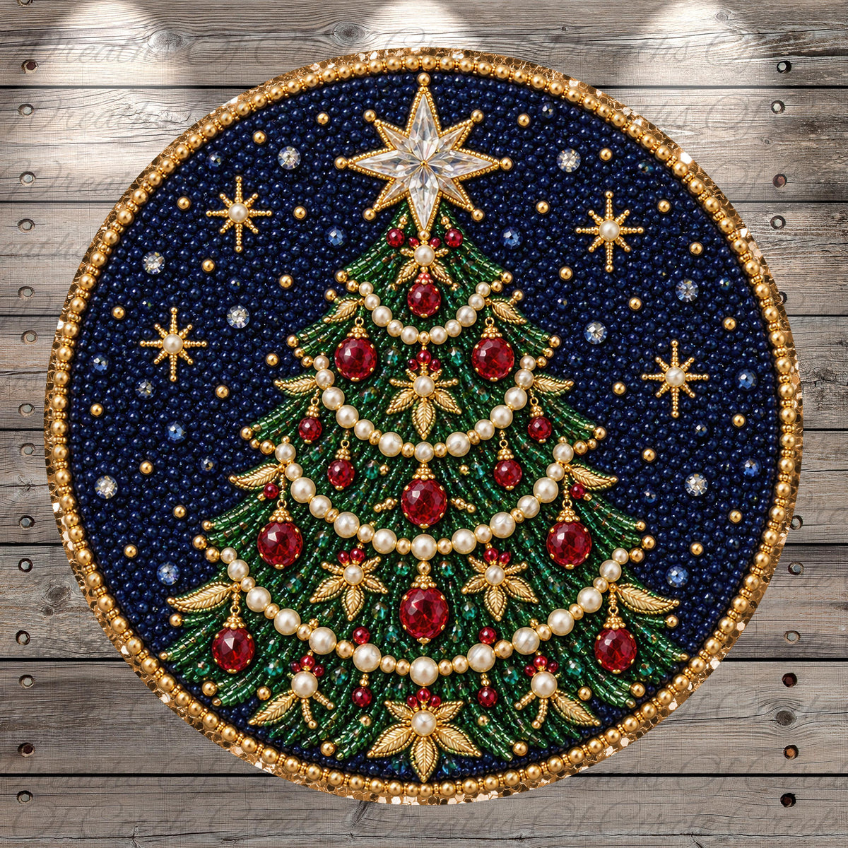 A circular ornament featuring a detailed Christmas tree design made of blue beads, gold and red ornaments, and a star at the top.