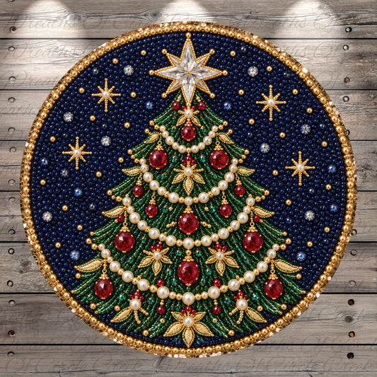 A circular ornament featuring a detailed Christmas tree design made of blue beads, gold and red ornaments, and a star at the top.