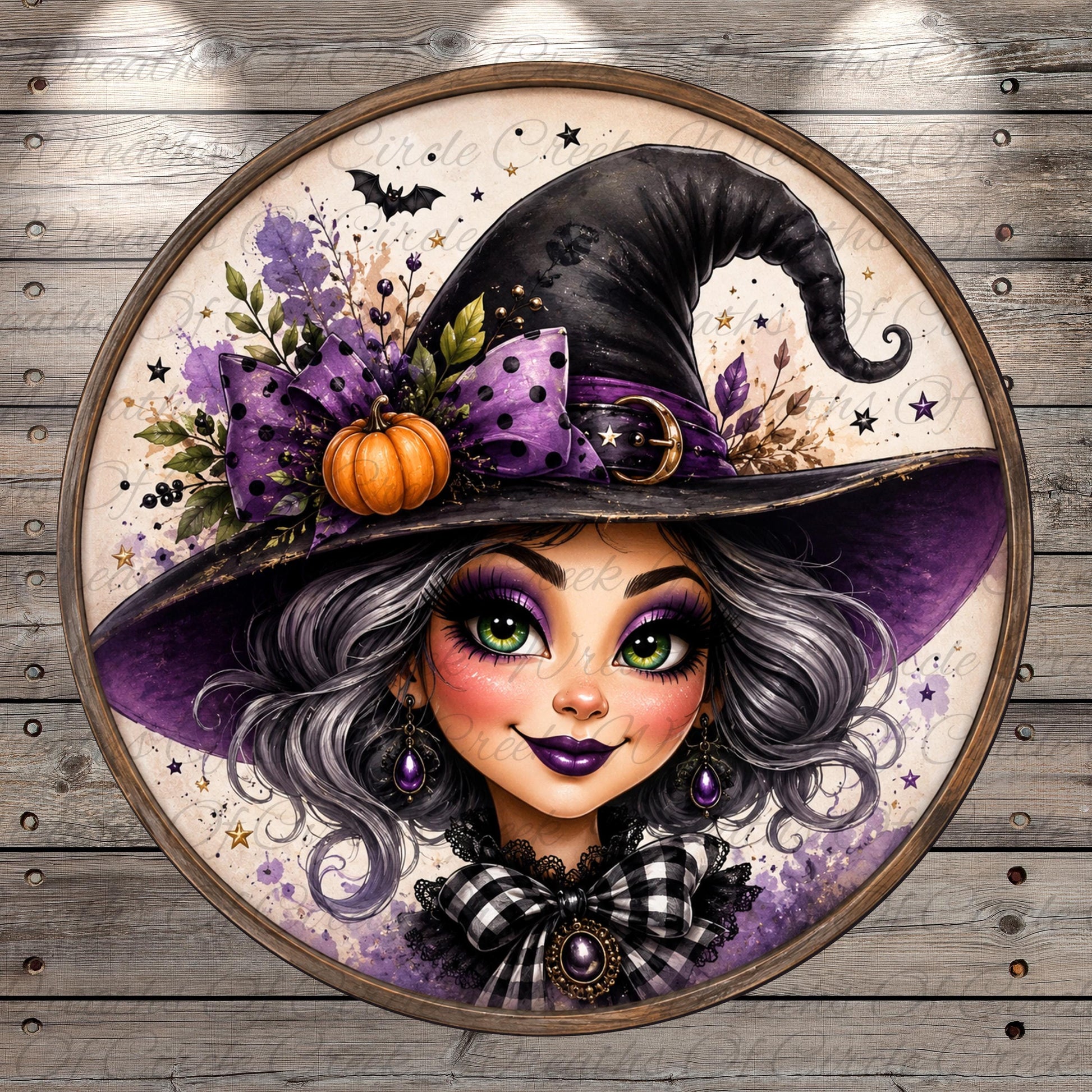 A whimsical illustration of a young woman with long, gray hair wearing a large, pointed witch's hat adorned with a pumpkin, flowers, and stars.
