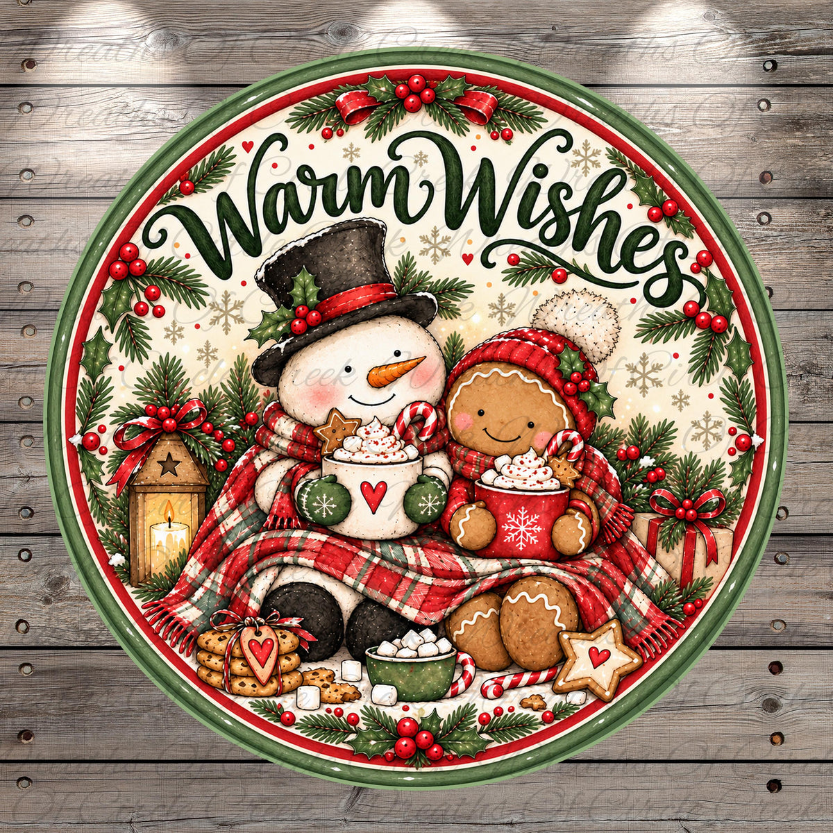 A festive holiday scene featuring a snowman, a gingerbread man, and a star, surrounded by holiday decorations such as berries, pine branches, and a "Warm Wishes" sign.