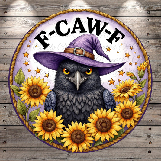 A black bird wearing a purple witch's hat, surrounded by yellow sunflowers and a wooden background with the text "F-CAW-F" written on it.