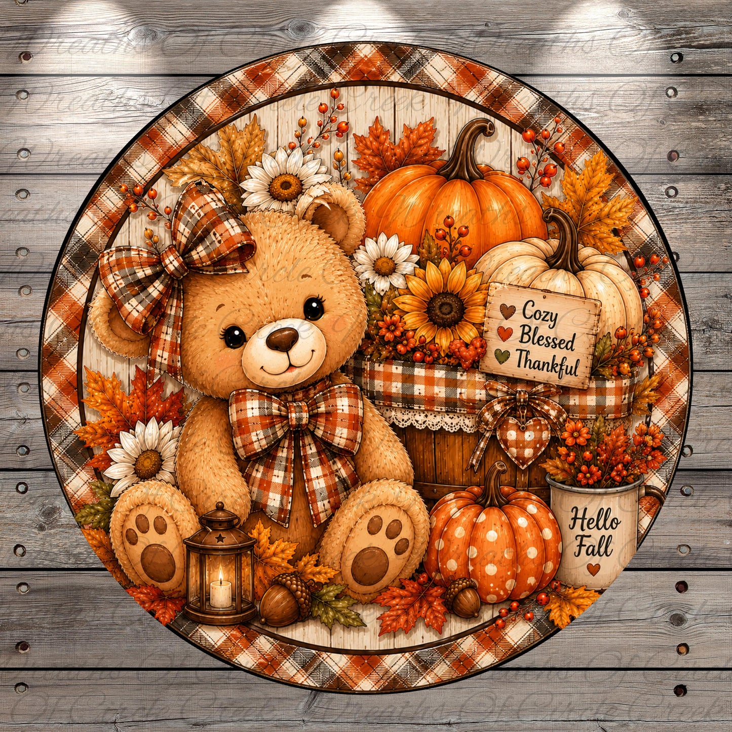 A teddy bear wearing a plaid bow sits amidst a festive autumn scene, surrounded by pumpkins, flowers, and a lantern.