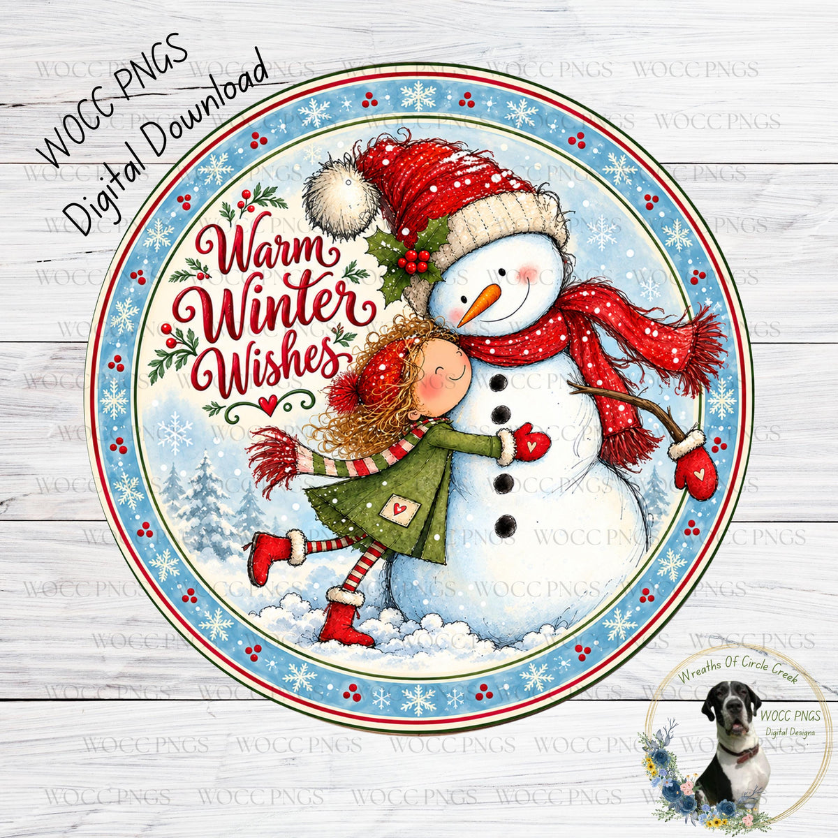 A festive winter scene featuring a snowman and a girl, with the text "Warm Winter Wishes" and "WCCPNGS" displayed.