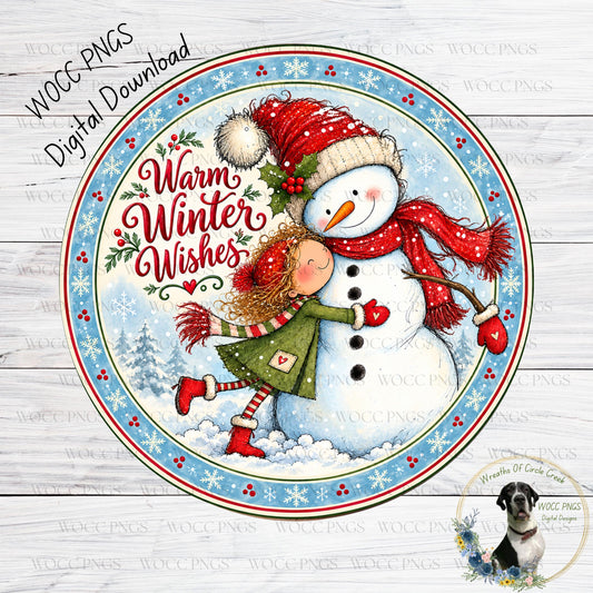 A festive winter scene featuring a snowman and a girl, with the text "Warm Winter Wishes" and "WCCPNGS" displayed.