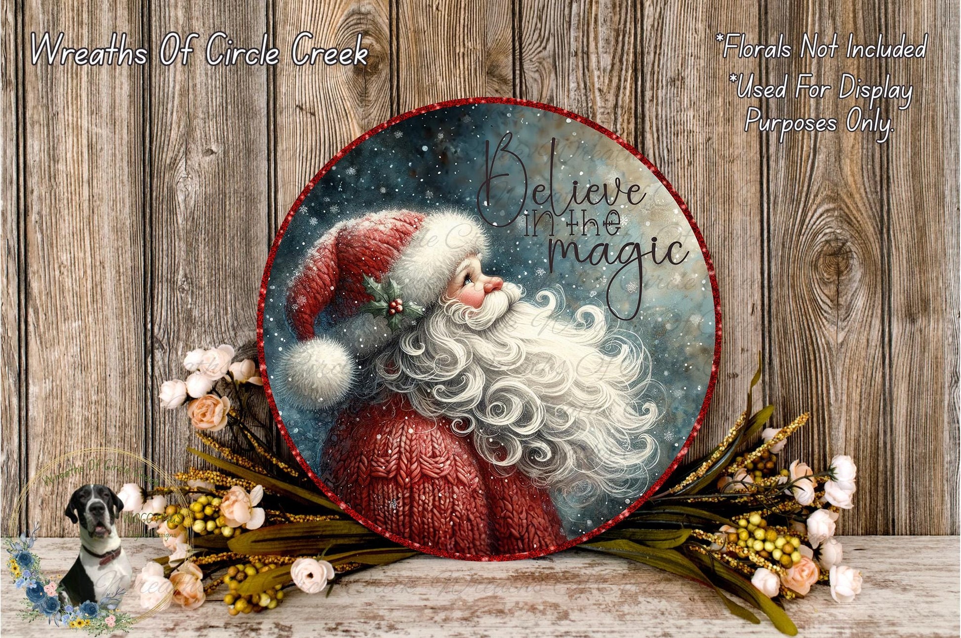 A decorative plate featuring a painting of Santa Claus with a quote, surrounded by a wreath of flowers and greenery.