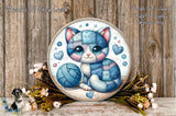 A round wooden plaque featuring a blue and white cat with a patchwork design, surrounded by flowers and a ball of yarn.