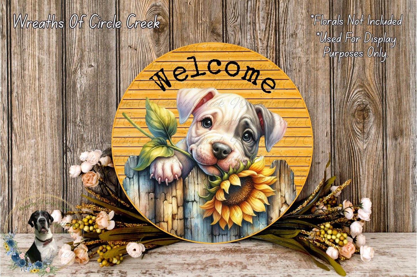 Welcome Pitbull Puppy with Sunflower Sign | Lightweight Metal Wreath Sign | Cute Dog Porch Decor | No Holes in Sign