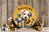 Welcome Pitbull Puppy with Sunflower Sign | Lightweight Metal Wreath Sign | Cute Dog Porch Decor | No Holes in Sign