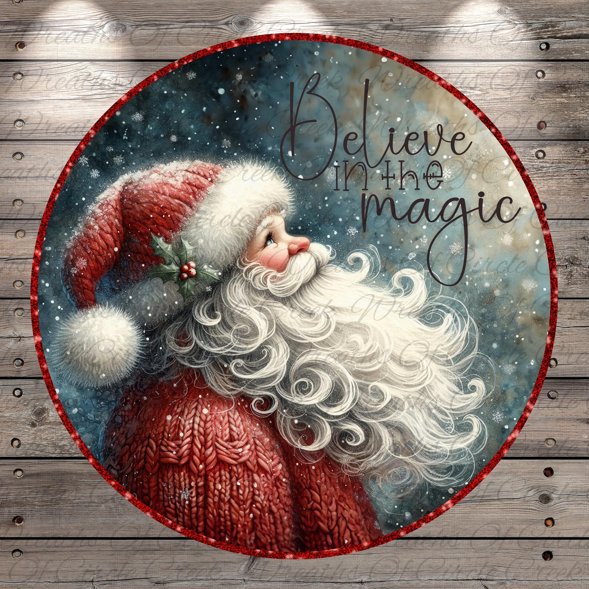 Santa Claus with a long white beard blowing a kiss, surrounded by snowflakes and the text "Believe in the magic"