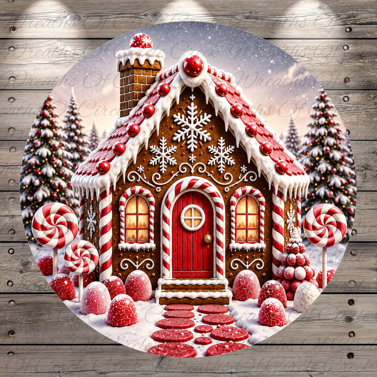 A beautifully decorated gingerbread house with red and white striped candy canes, red and white striped lollipops, and red and white striped snowflakes adorning the roof, set against a snowy winter landscape with pine trees and a starry sky.