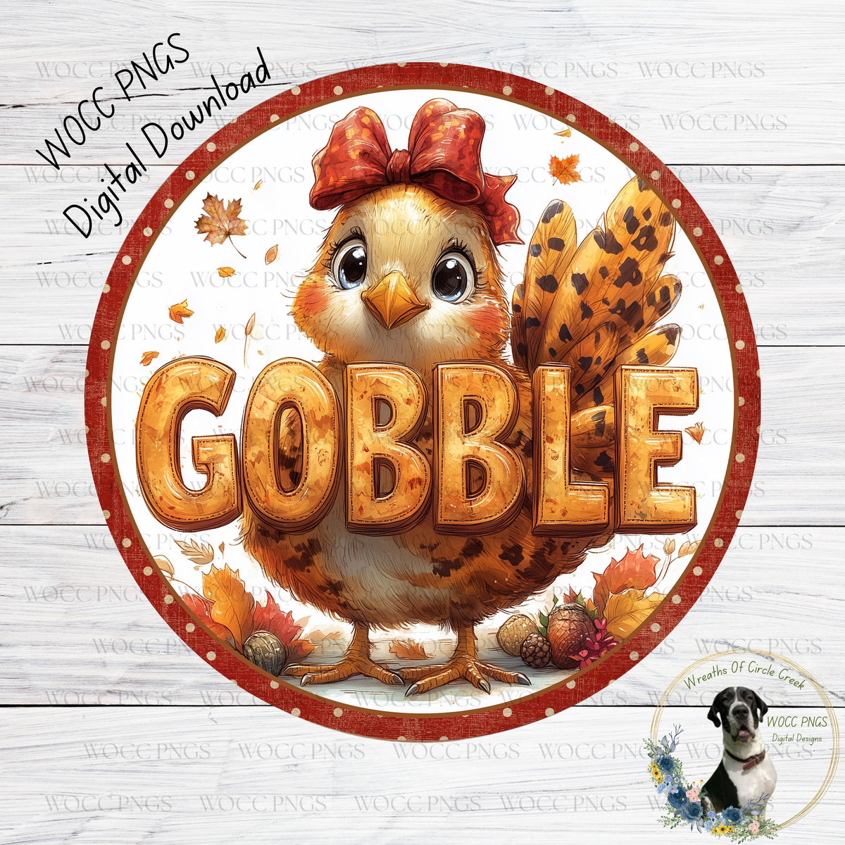 A cheerful illustration of a bird wearing a red bow and surrounded by autumn leaves, with the word "GOBBLE" prominently displayed in the center.
