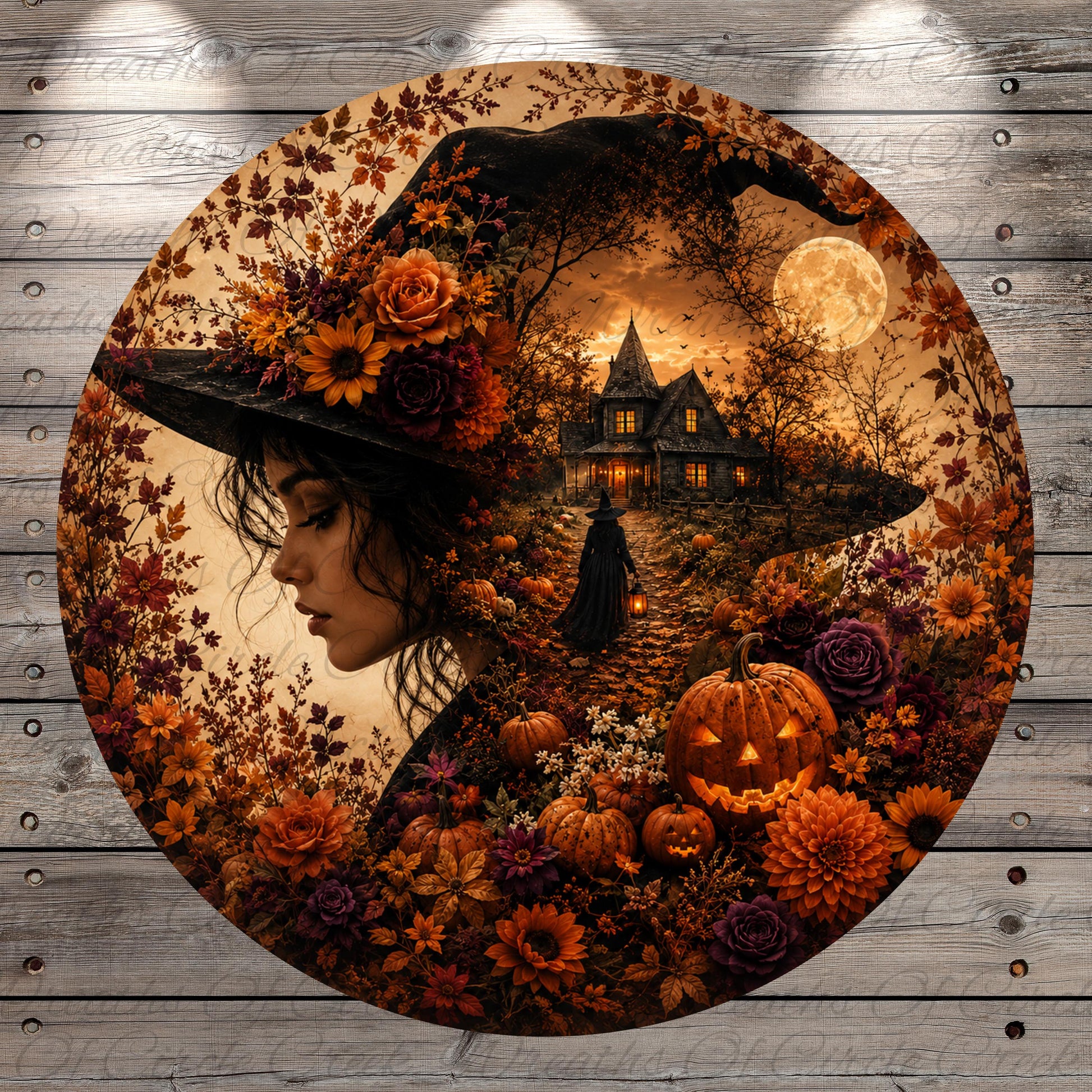 A woman wearing a witch's hat is surrounded by a vibrant autumn landscape, including a pumpkin, flowers, and a full moon.