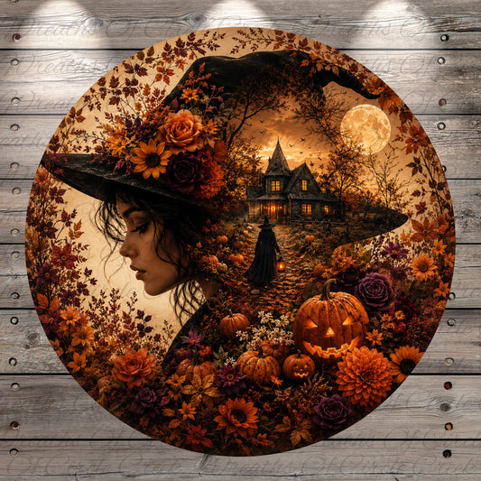 A woman wearing a witch's hat is surrounded by a vibrant autumn landscape, including a pumpkin, flowers, and a full moon.