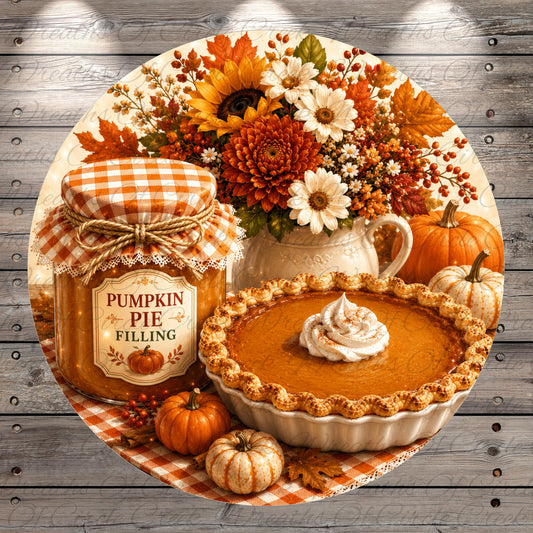 A round wooden table displaying a pumpkin pie, a jar of pumpkin pie filling, a vase of fall flowers, and a small pumpkin.