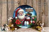 A festive Christmas wreath featuring Santa Claus and a snowman, surrounded by flowers and a sign that reads "Merry Christmas".