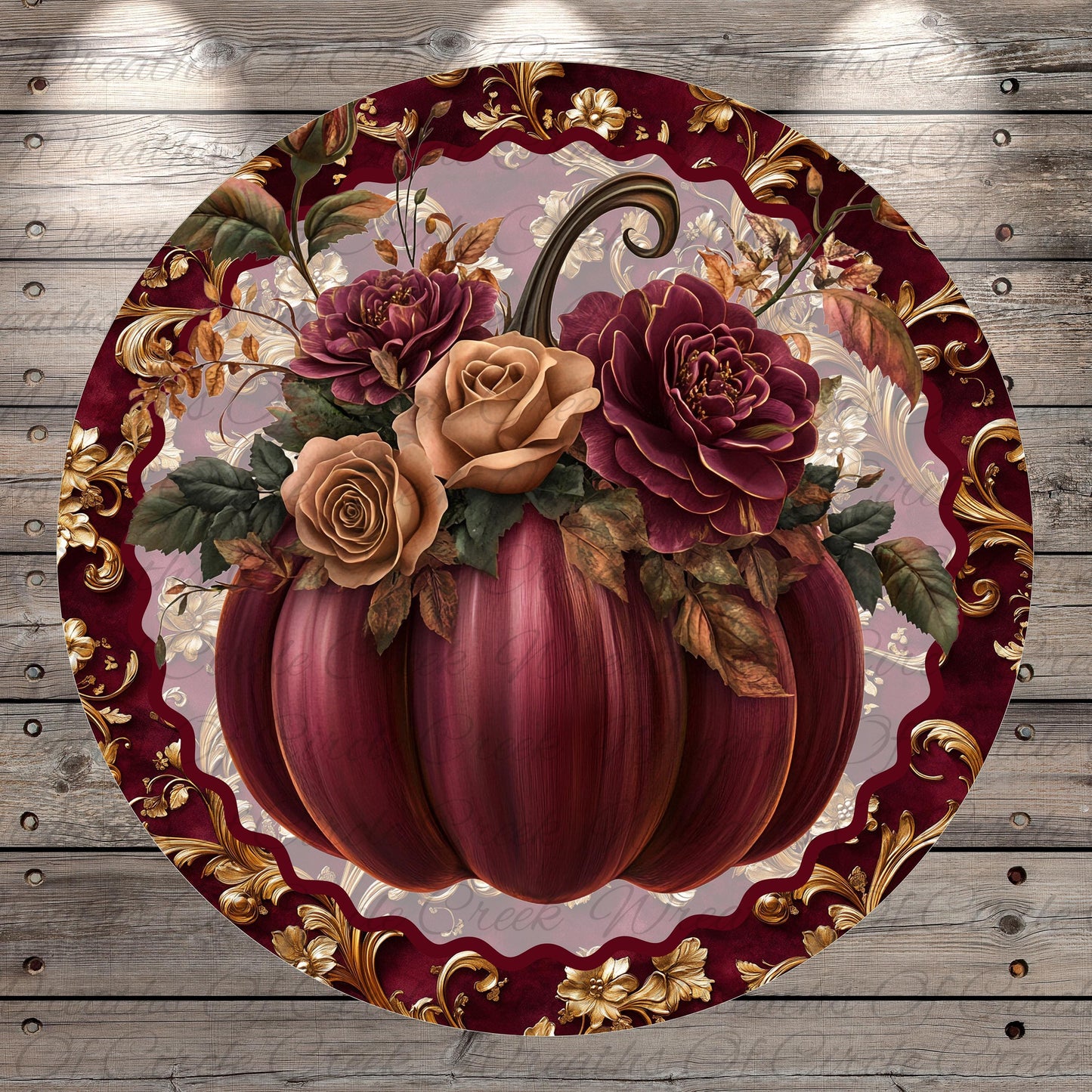 A large, ornate, and intricately detailed pumpkin with a bouquet of roses and autumn leaves adorning it, set against a wooden background.