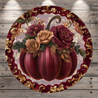 A large, ornate, and intricately detailed pumpkin with a bouquet of roses and autumn leaves adorning it, set against a wooden background.