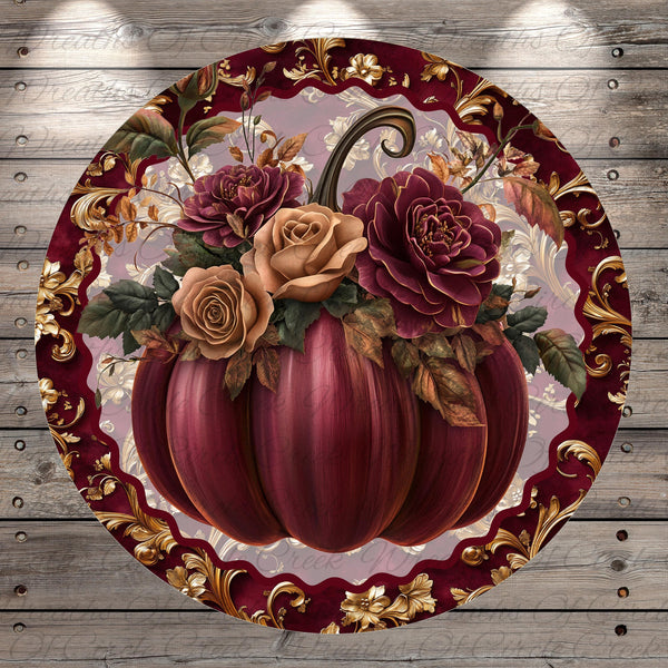 A large, ornate, and intricately detailed pumpkin with a bouquet of roses and autumn leaves adorning it, set against a wooden background.