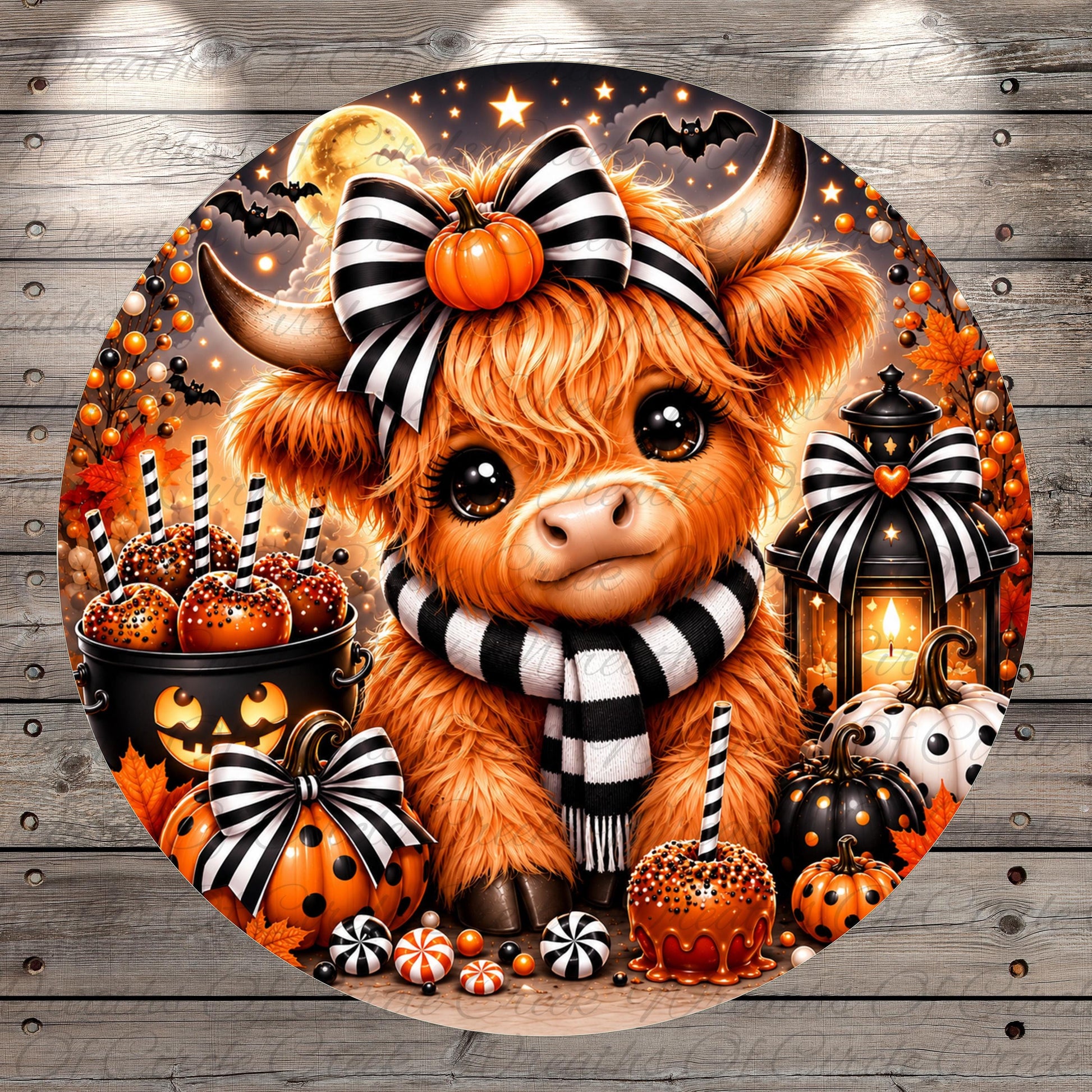 A whimsical illustration of a cow-like creature with a bow on its head, surrounded by Halloween-themed elements such as pumpkins, candy apples, and bats.