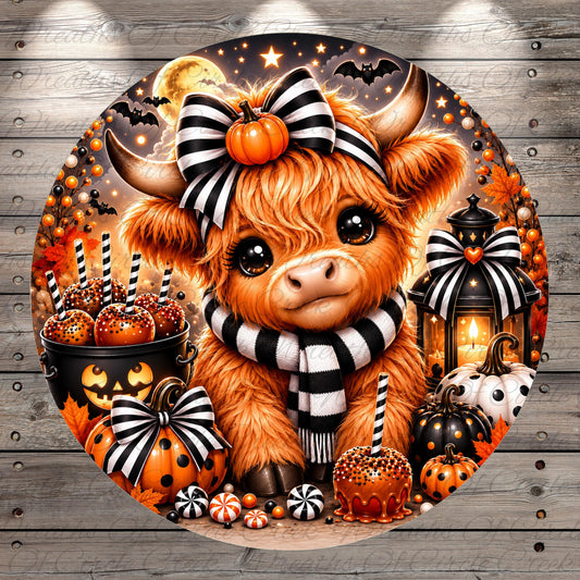 A whimsical illustration of a cow-like creature with a bow on its head, surrounded by Halloween-themed elements such as pumpkins, candy apples, and bats.